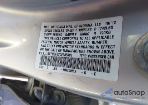 2012 Honda Civic Lx z USA, uszkodzony, nr VIN 19XFB2F53CE385696